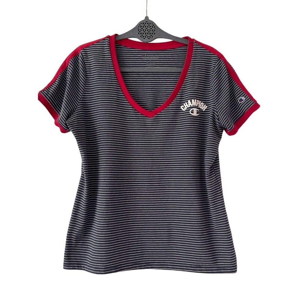 Champion Red White & Blue Striped V neck Tee Large